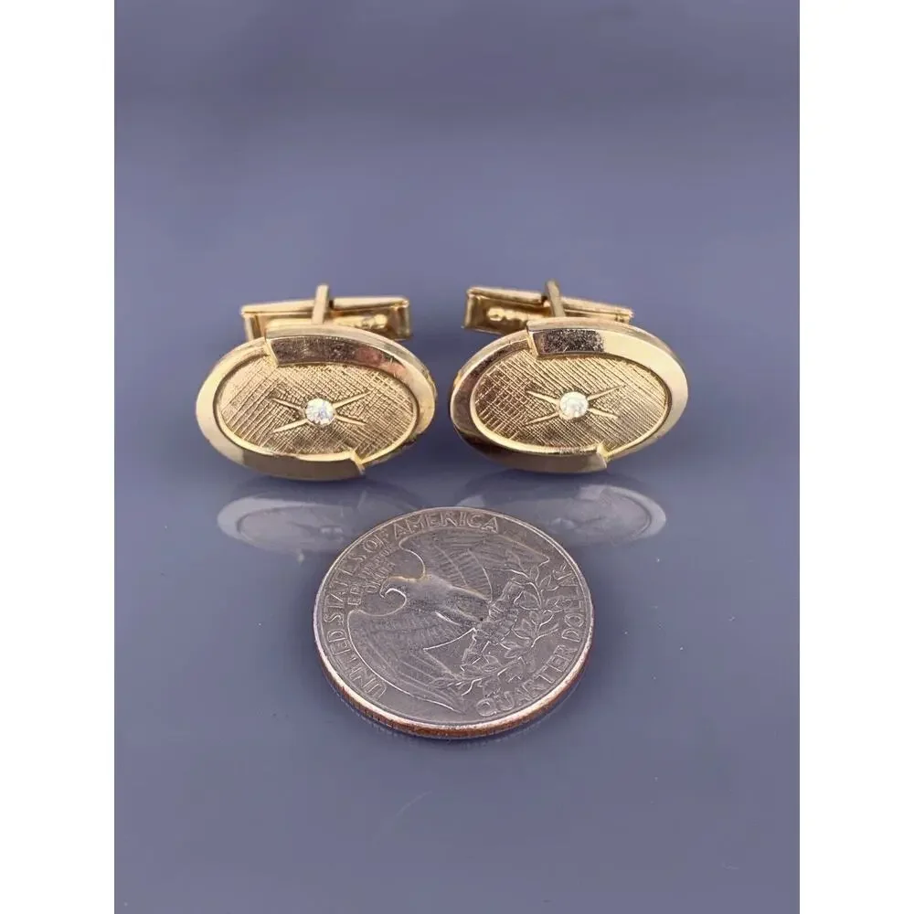 Rhinestone Star Oval Gold Plated Cufflinks Mid Century Simple Vintage